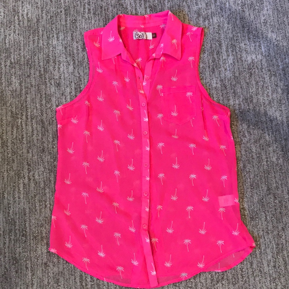 Sleeveless Sheer Palm Print Button Up